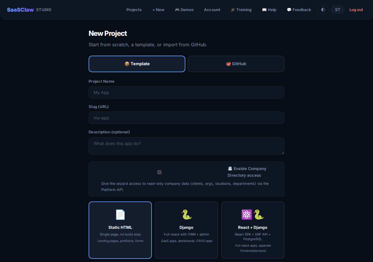 New project dialog