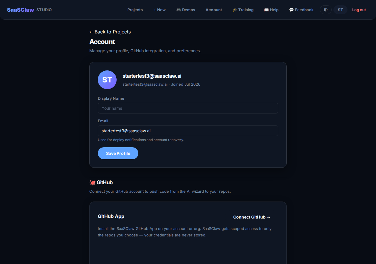 Account and API keys page